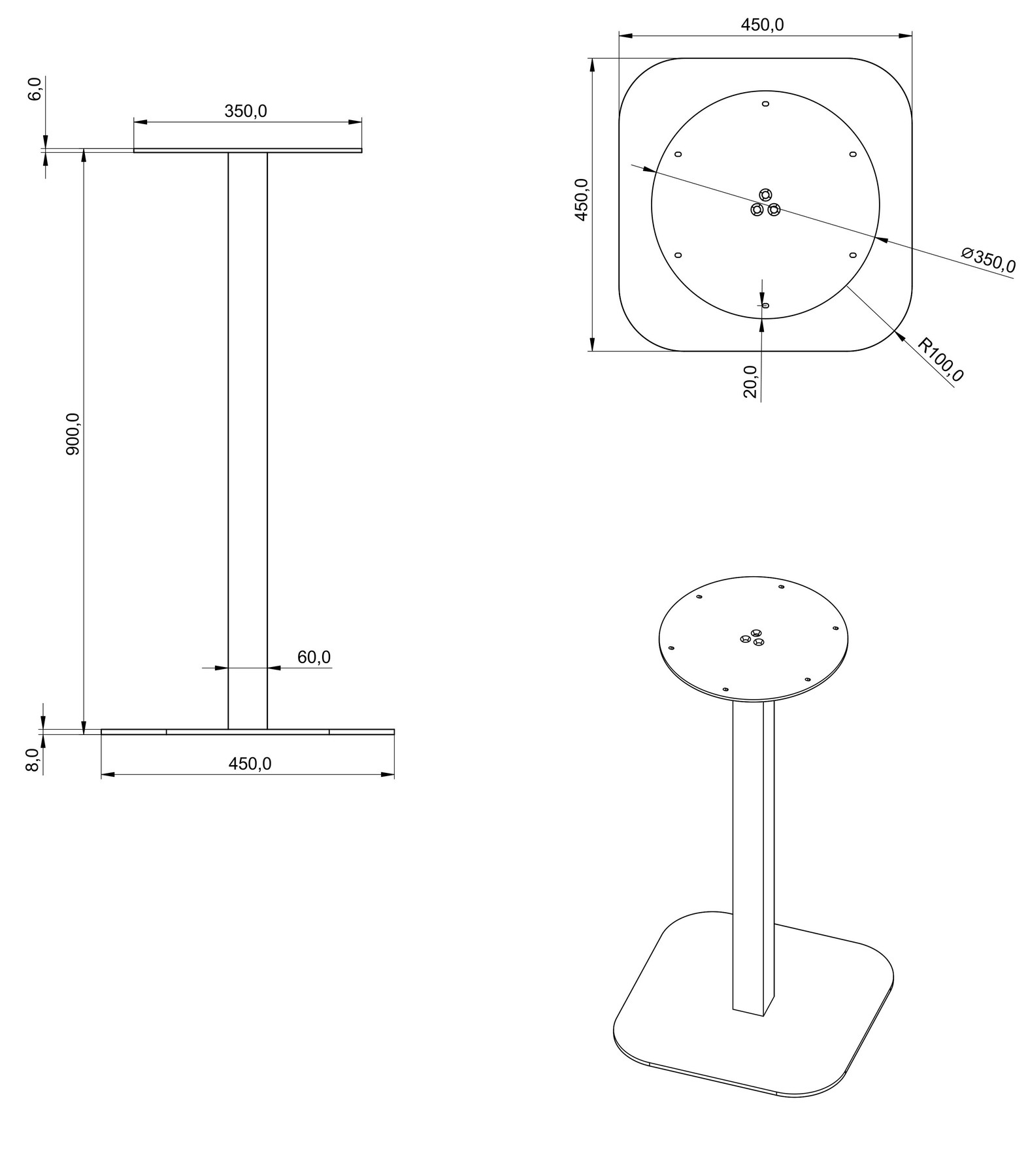 Schéma de «  Pied Jane carré arrondi Crème 900 mm  »