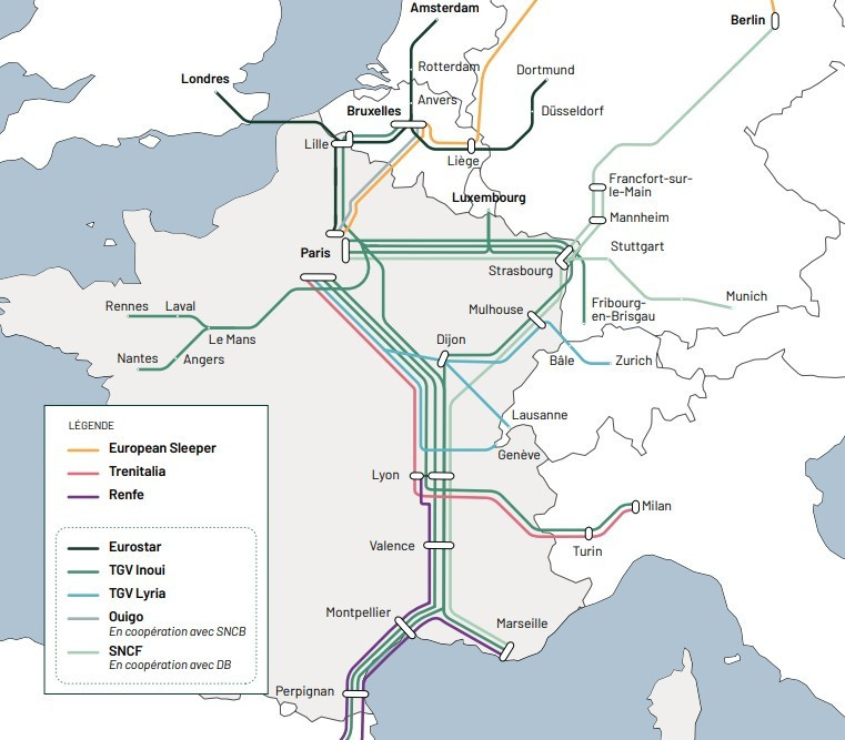 Liaisons ferroviaires directes entre la France et d’autres États européens.© Réseau Action Climat. Voyager en train en Europe : quand les correspondances virent au "cauchemar"