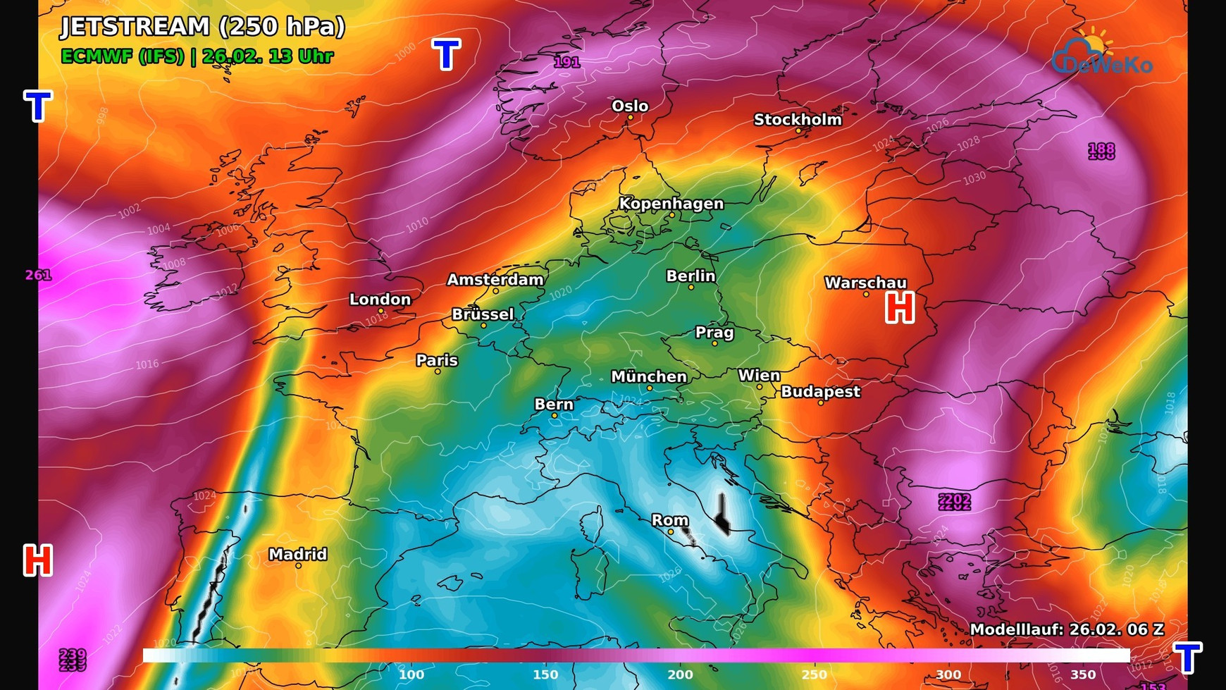 La modélisation du Jetstream actuel. Source :  Meteoleitstelle Hessen via wikicommons Canicules, sécheresses, inondations : prévoir le climat pour agir