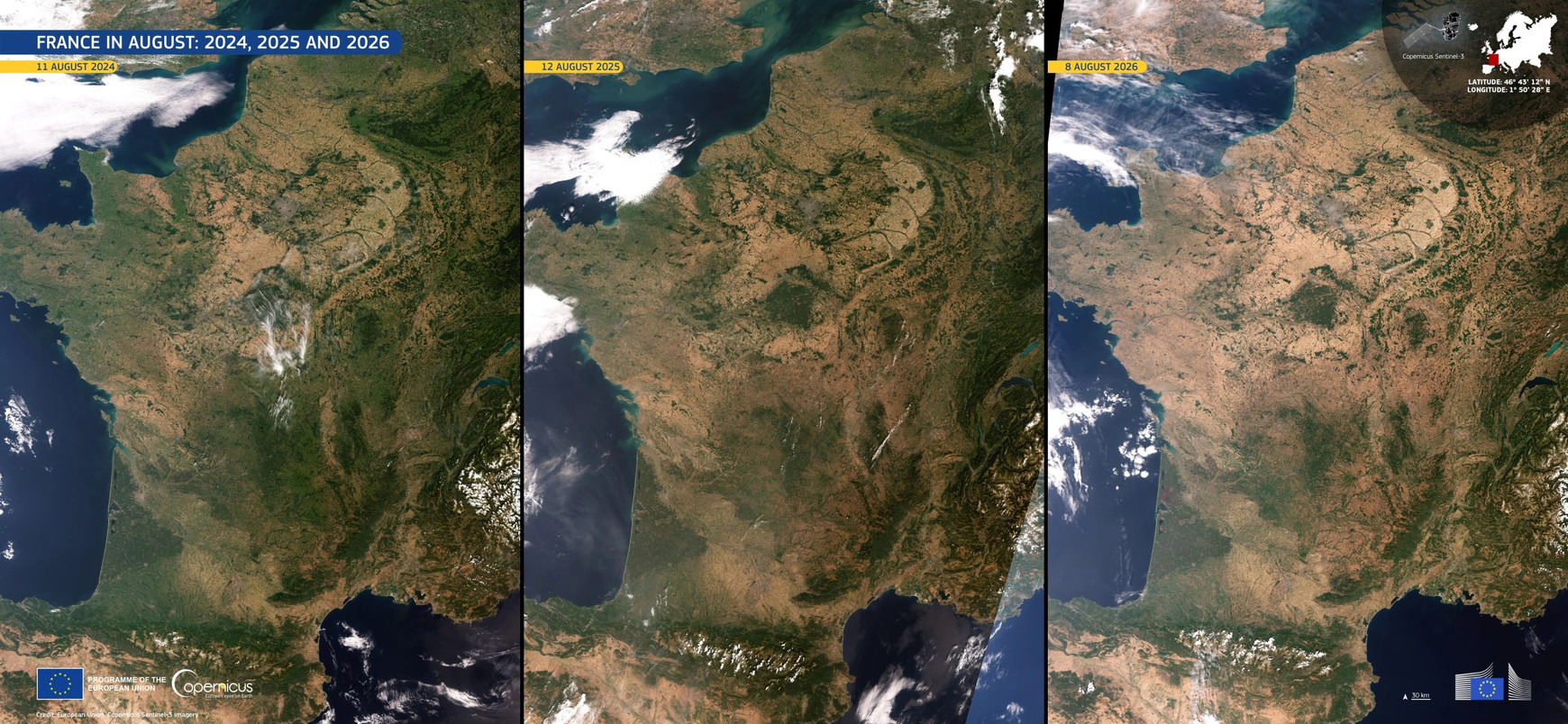 Comparaison satellite de la France métropolitaine les 11 août 2024, 12 août 2025 et 8 août 2026. © European Union, Copernicus Sentinel-3 imagery Après l’été, l’action ?